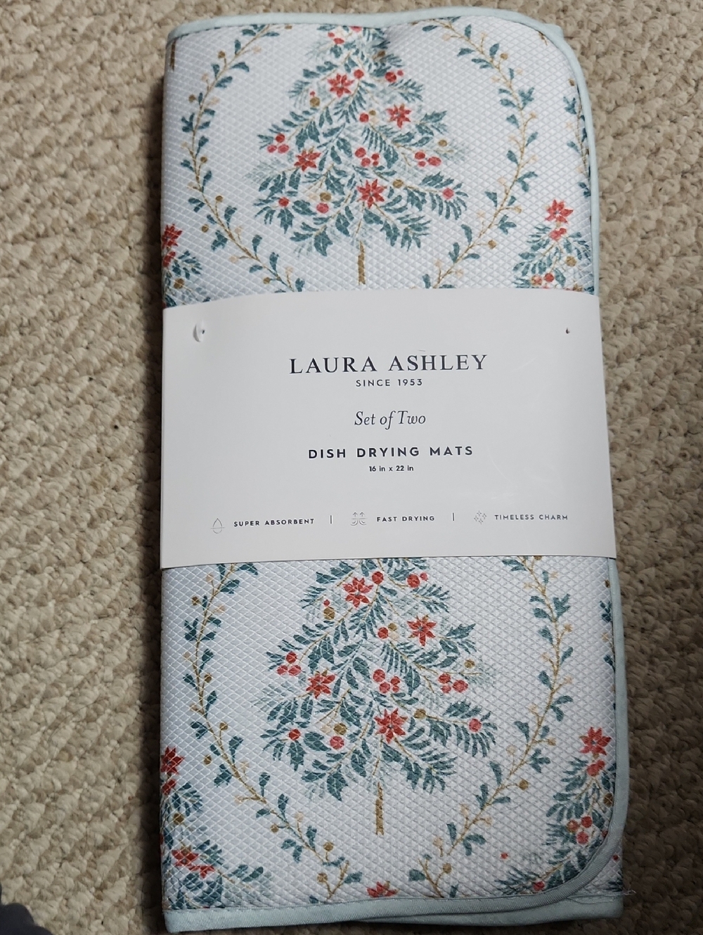 Laura Ashley White Floral Dish Drying Mats with Teal & Coral Accents